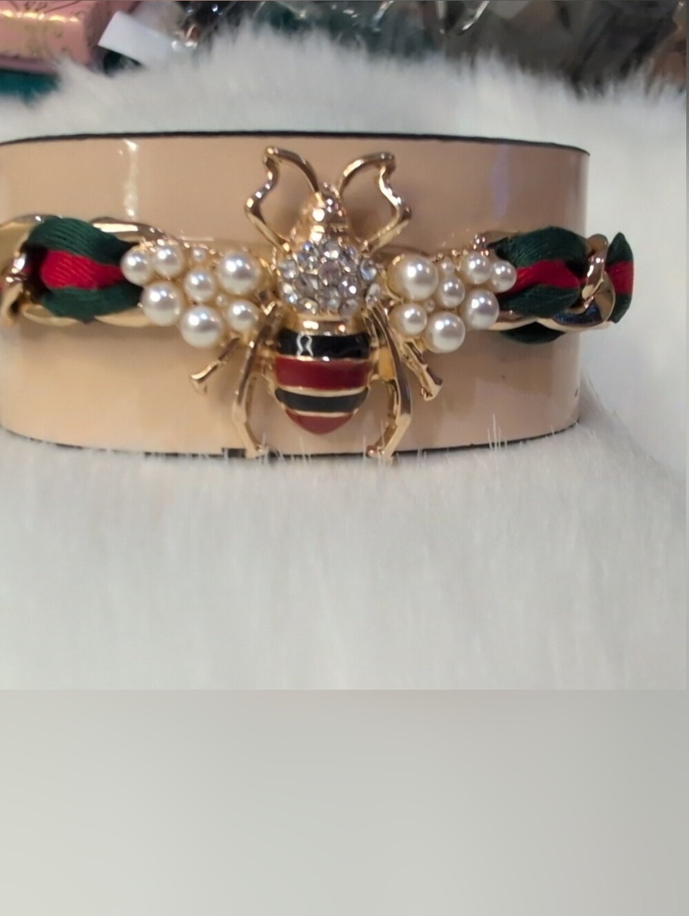 Gold Tone Bee Pearl Bracelet with Green-Red Ribbon